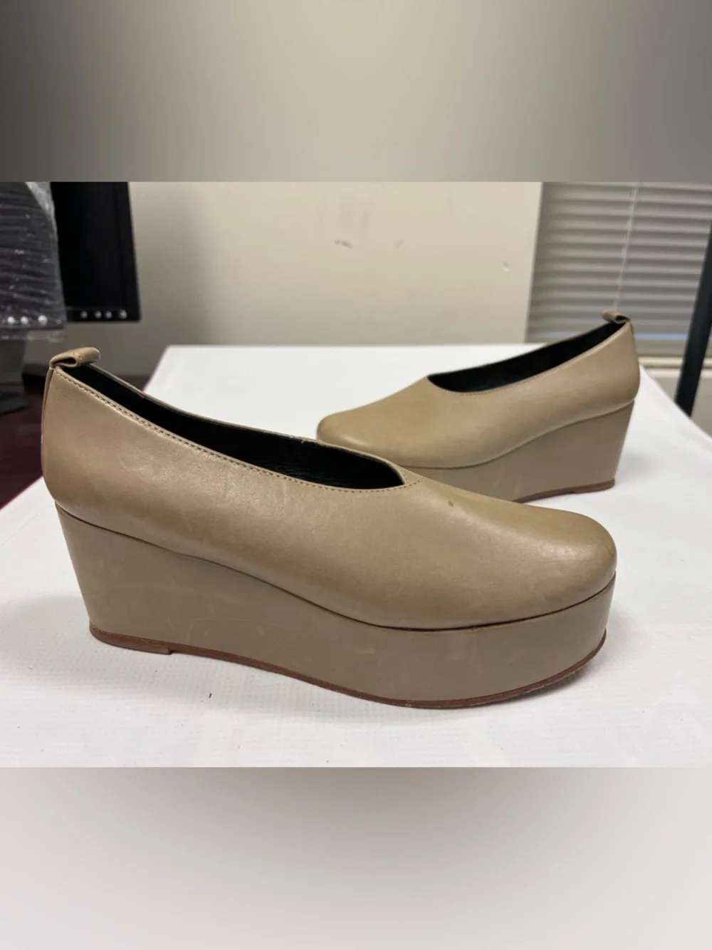 Tibi Beige Ballerina Platform Wedge Pumps